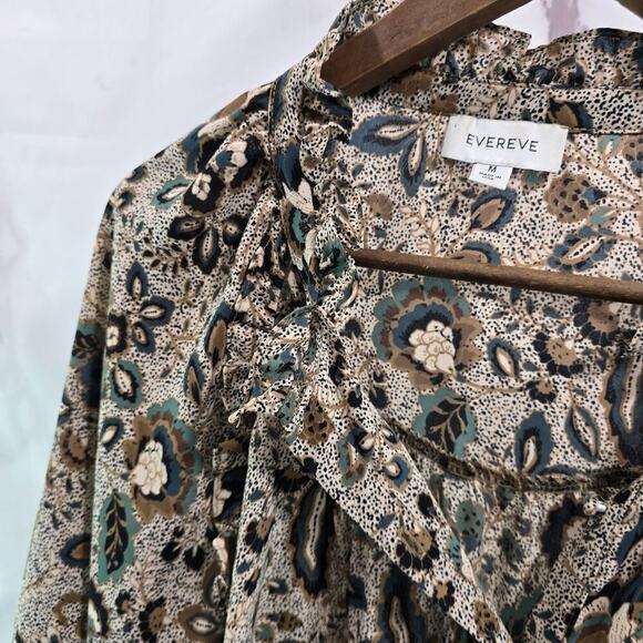 Evereve Shirt Women Medium Beige Blouse Popover Button Ruffle Long Sleeve Floral - Picture 2 of 13